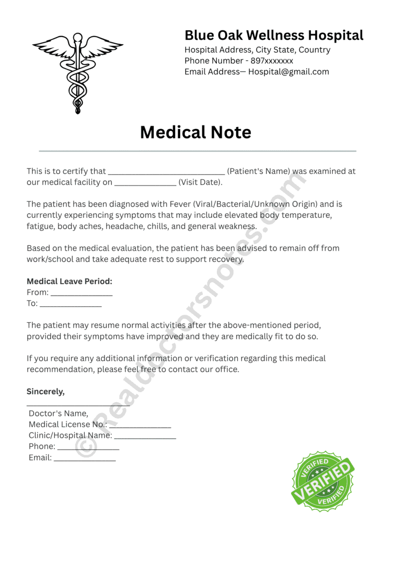 Printable Doctors Note for Fever