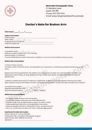 Broken Arm Medical Certificate