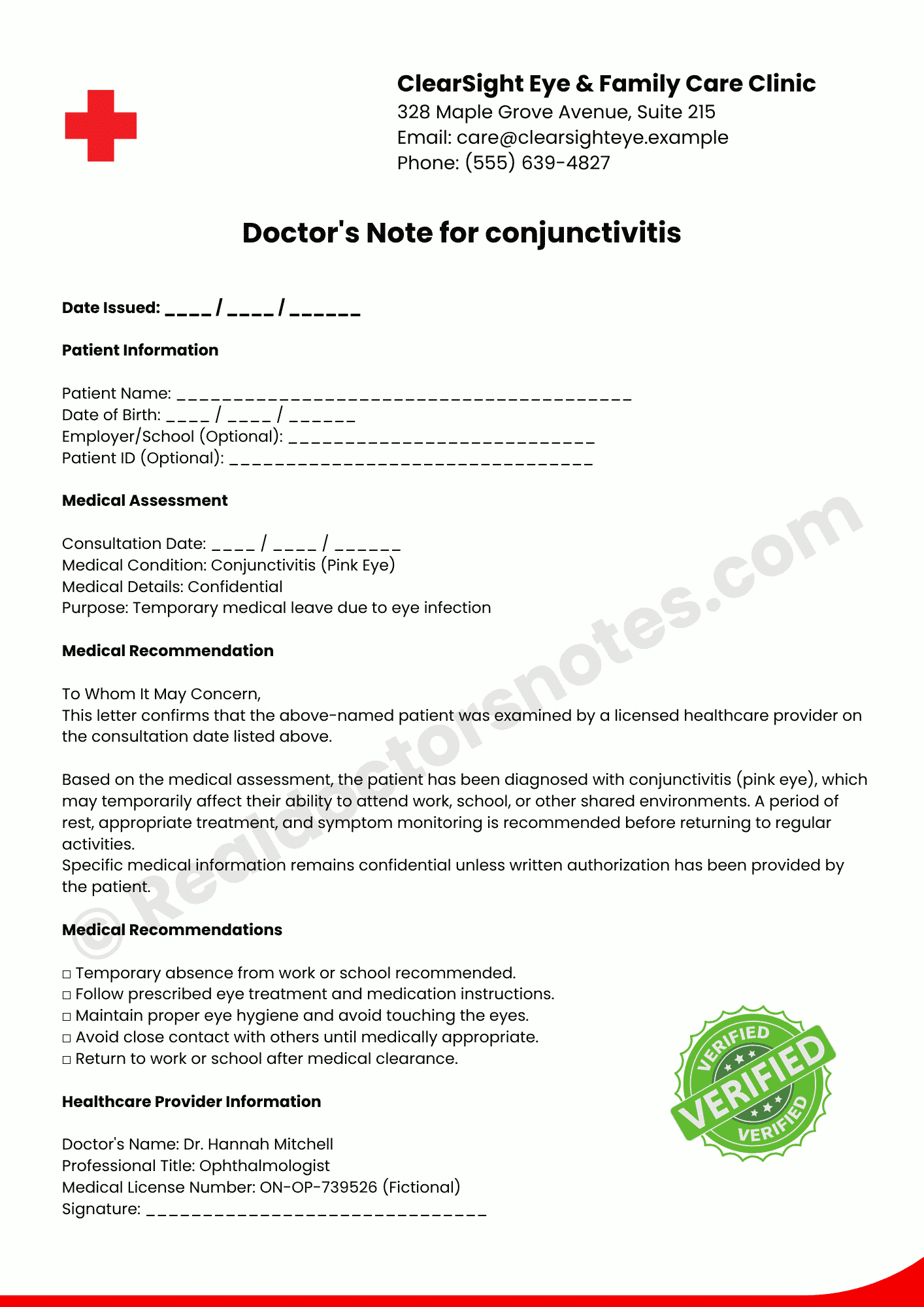 Conjunctivitis Eye Doctor's Note