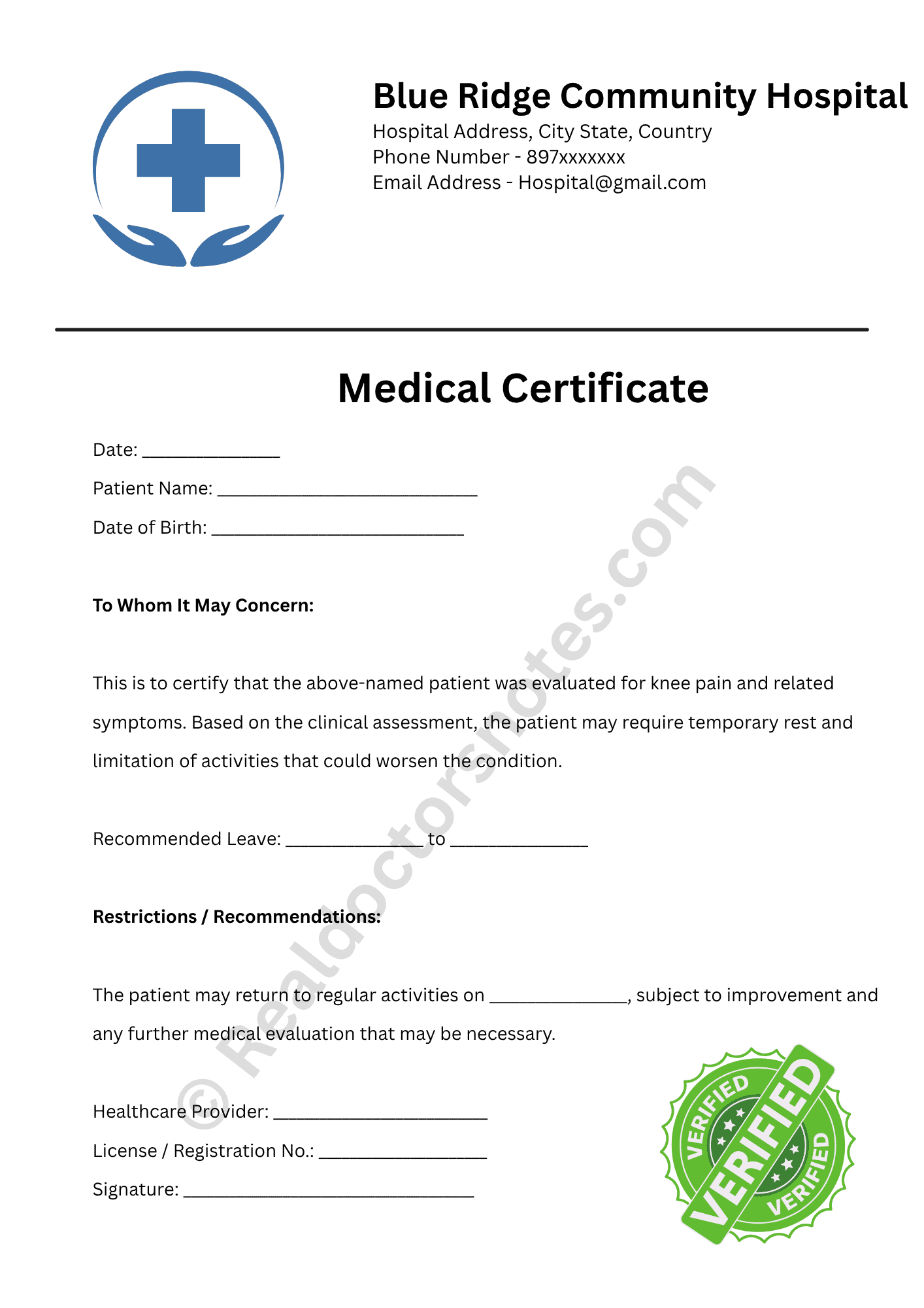 Doctor Excuse Note for Knee Pain