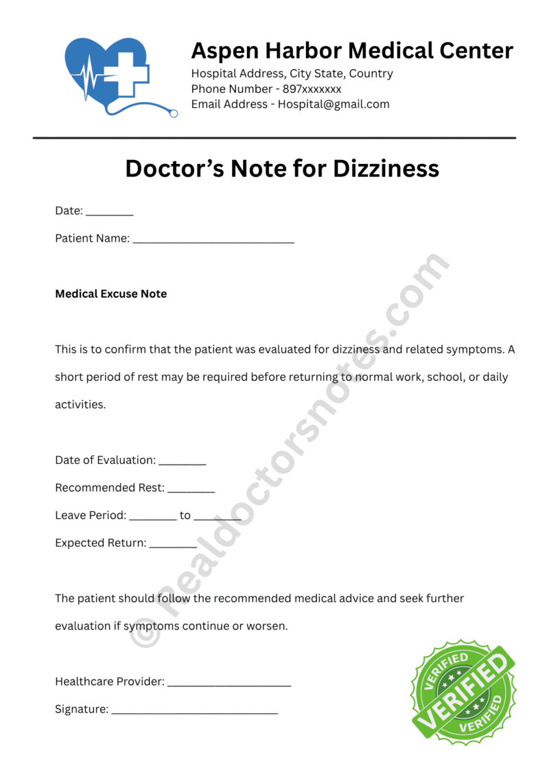 Doctor’s Note for Dizziness Doctor’s Note for Dizziness