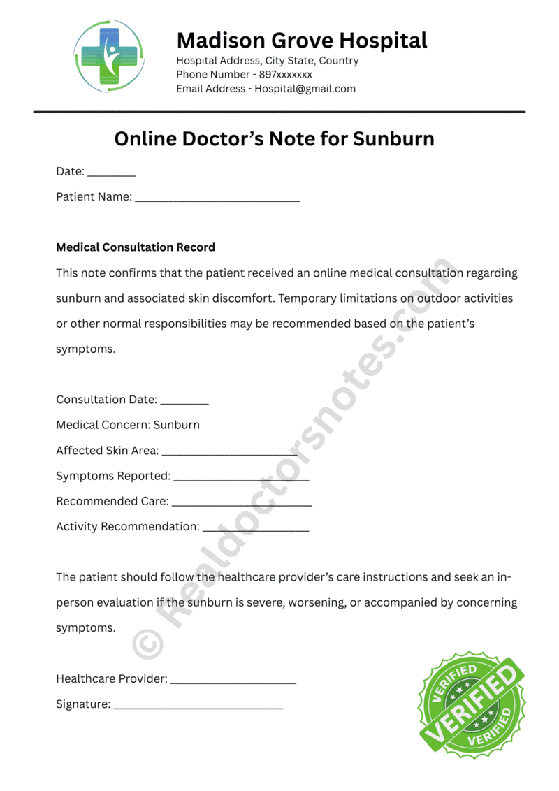 Doctor’s Note for Sunburn Doctor’s Note for Sunburn