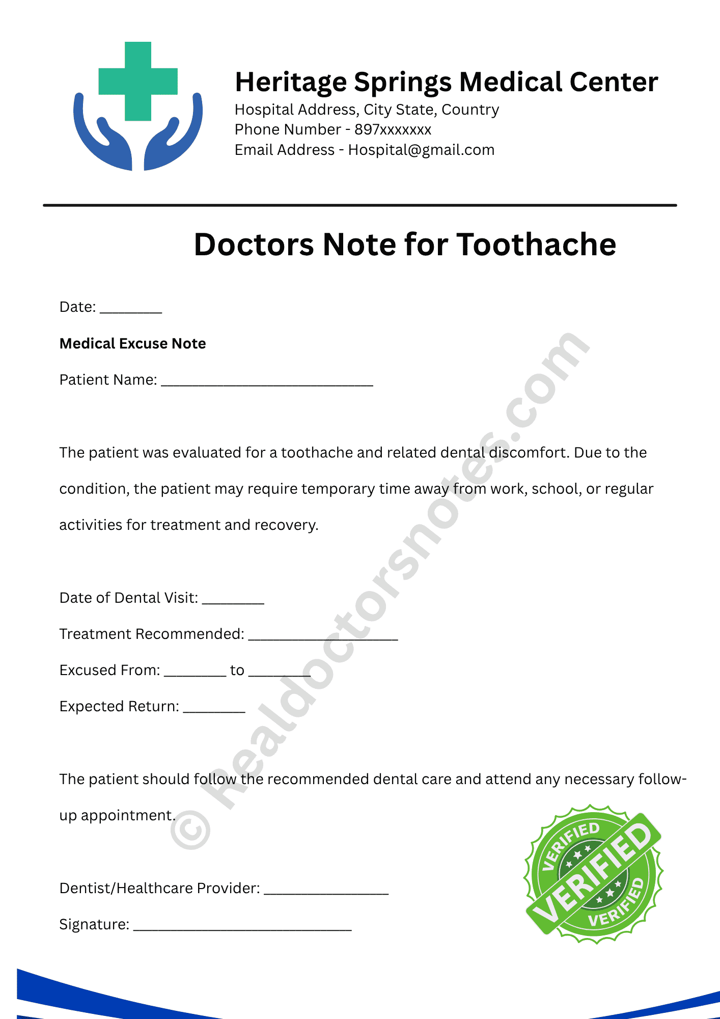 Doctors Note for Toothach