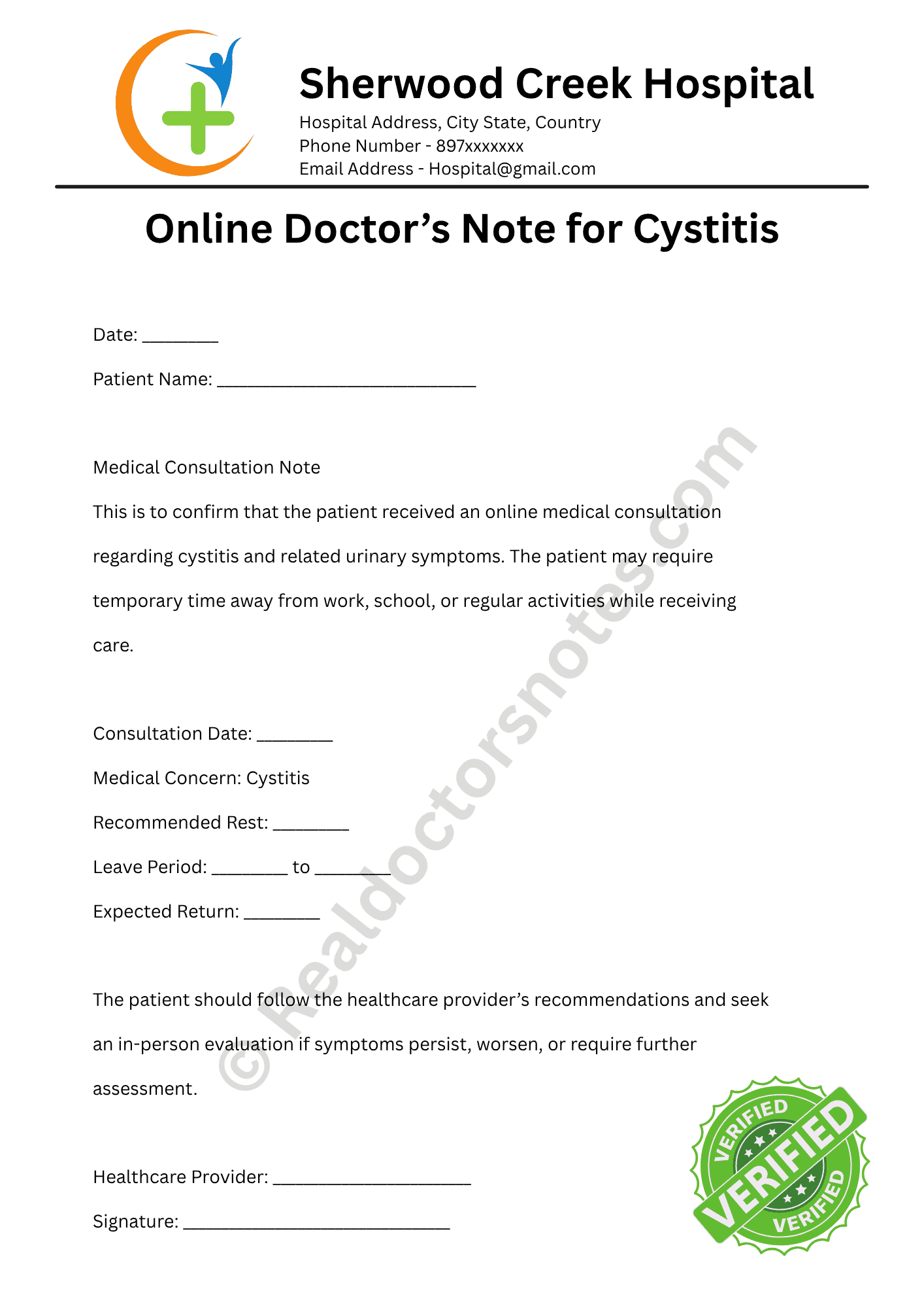 Medical Certificate for Cystitis