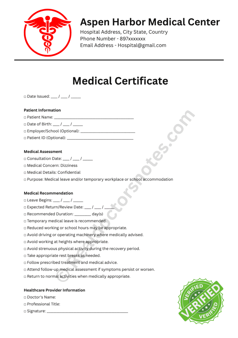 Medical Certificate for Dizziness