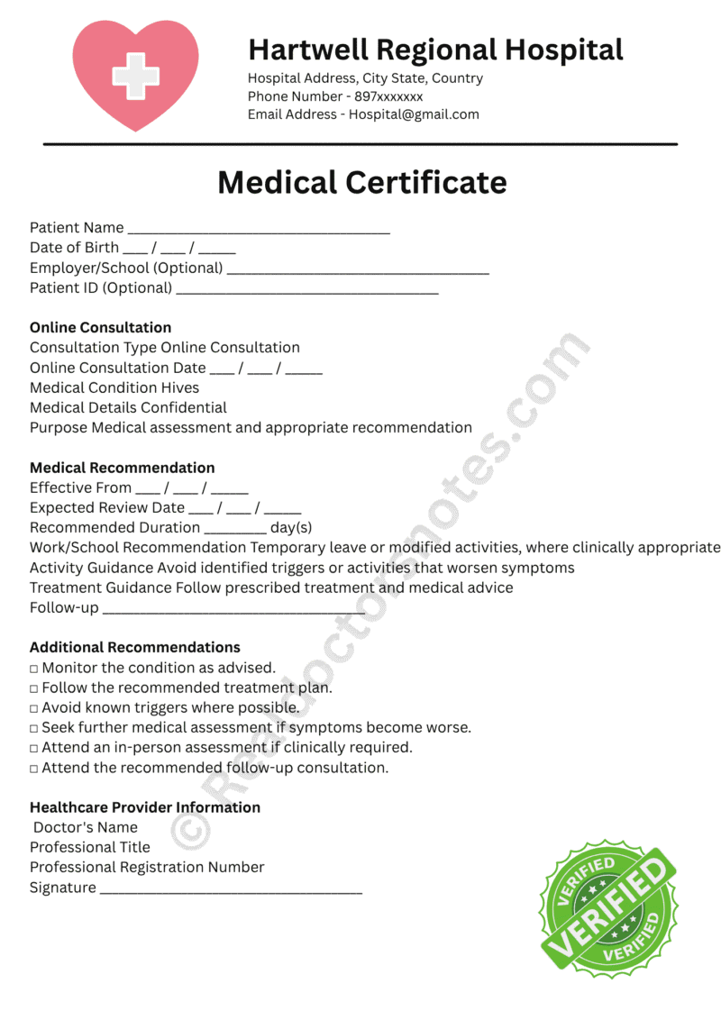 Medical Certificate for Hives