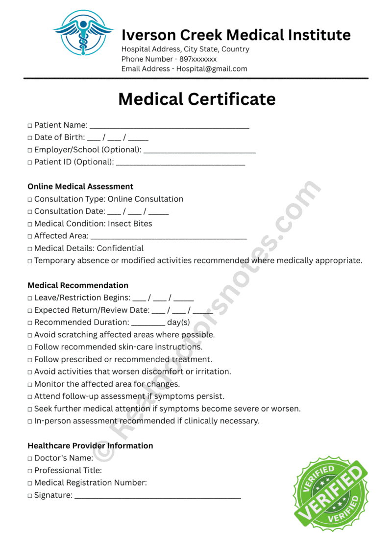 Medical Certificate for Insect Bites