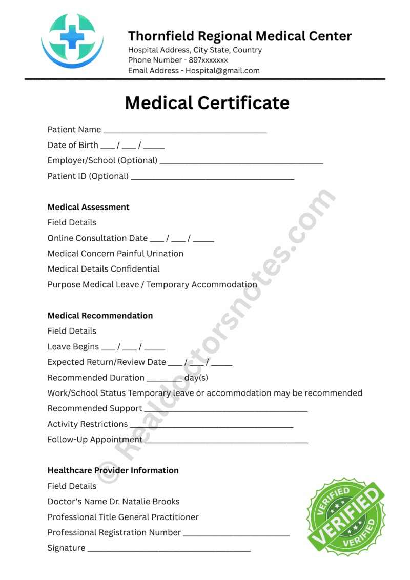 Medical Certificate for Painful Urination Medical Certificate for Painful Urination