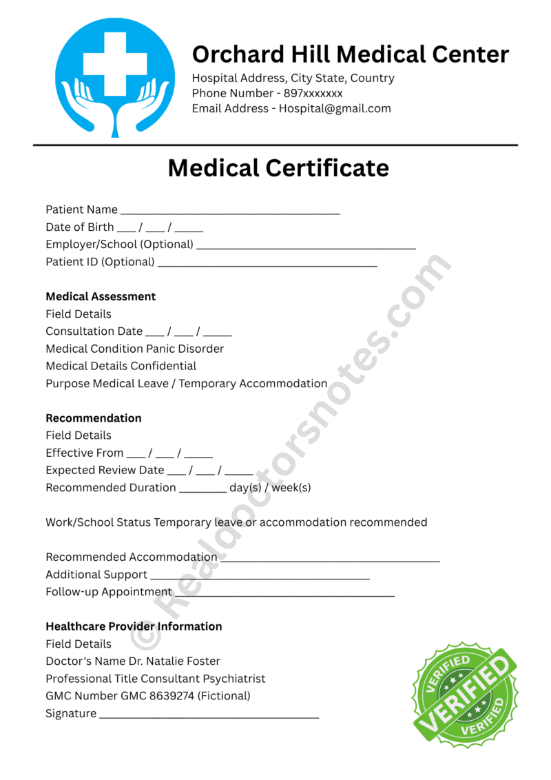 Medical Certificate for Panic Disorder