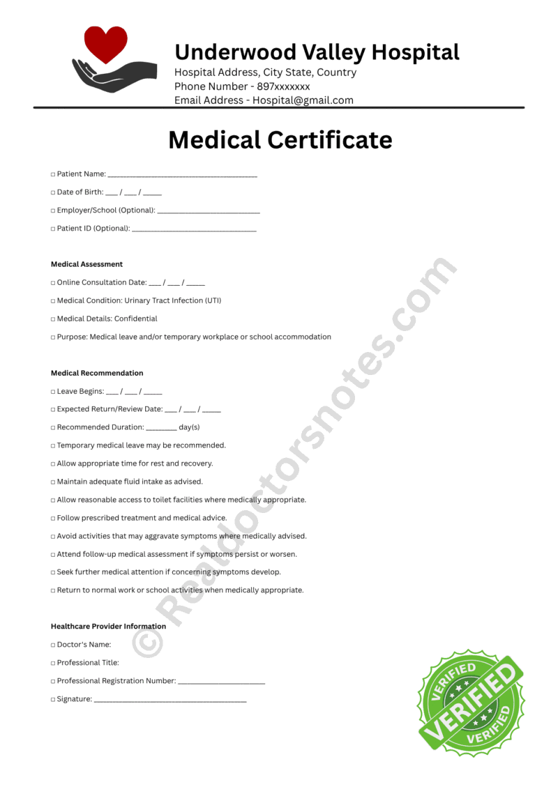 Medical Certificate for Urinary Tract Infection
