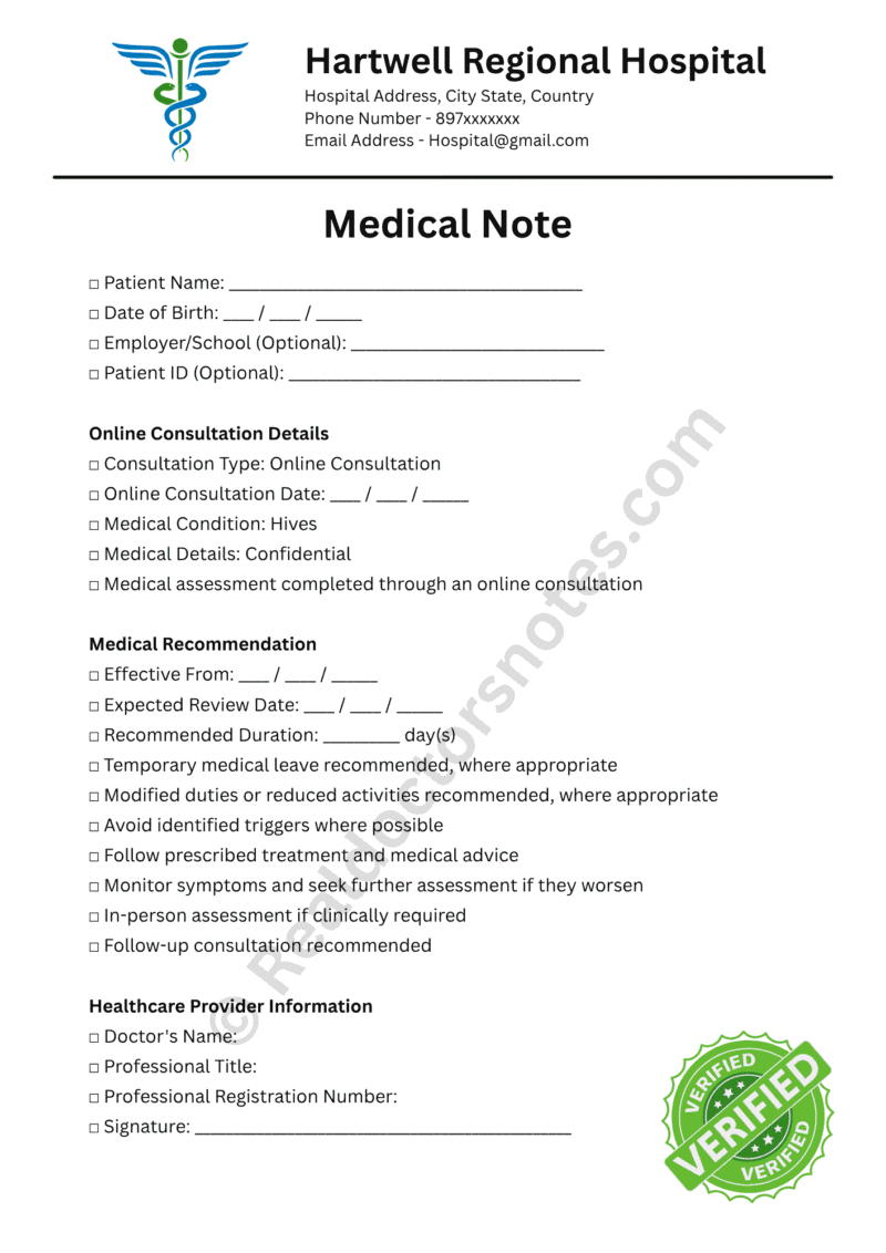 Medical Note for Hives