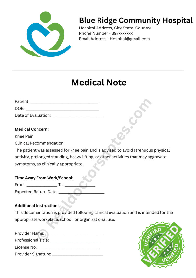 Medical Note for Knee Pain