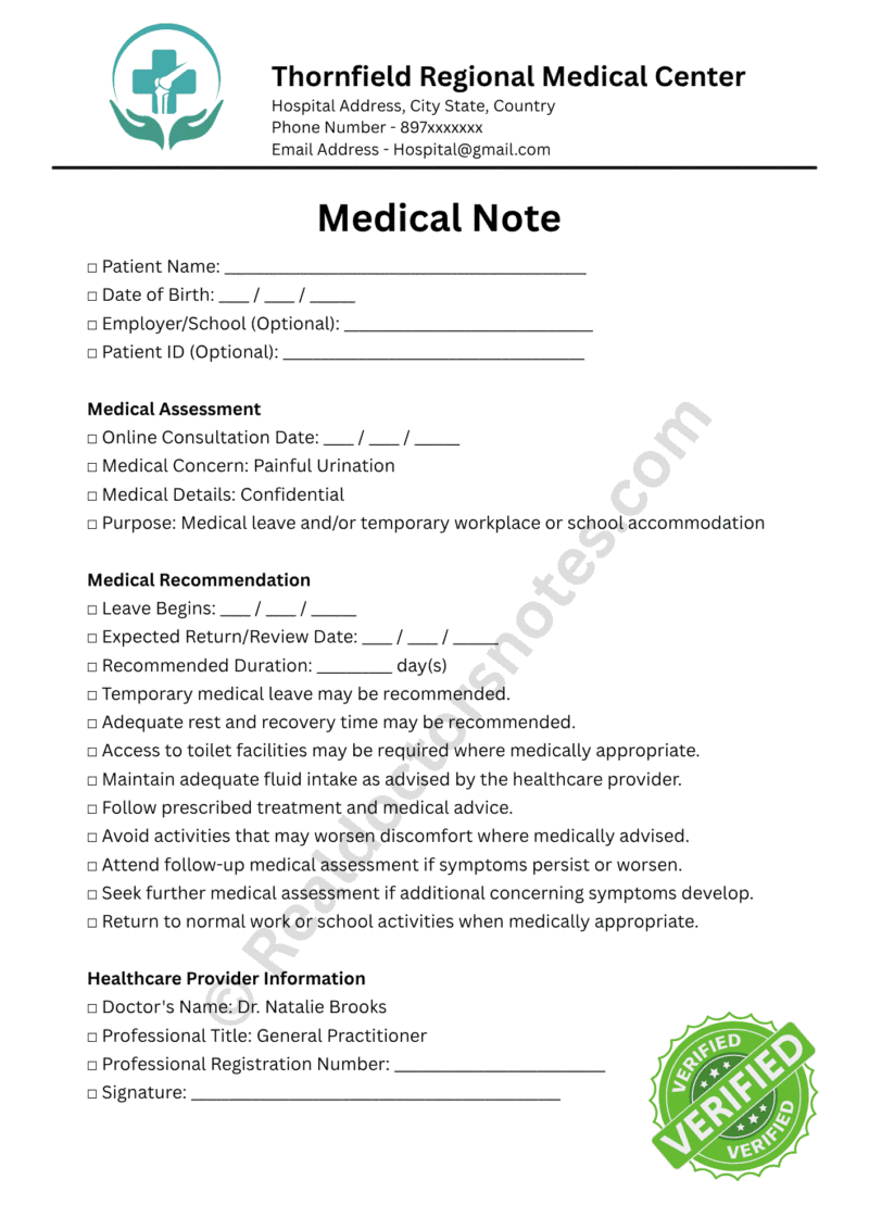 Medical Note for Painful Urination