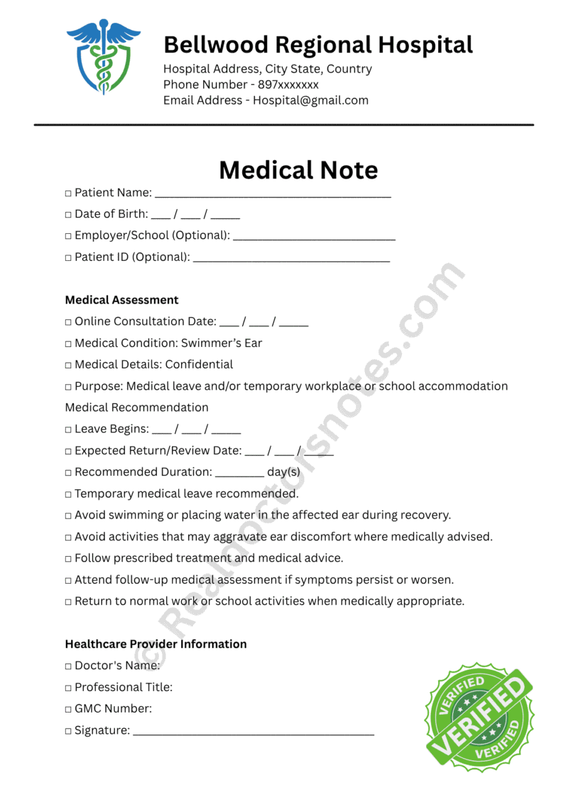 Medical Note for Swimmer’s Ear