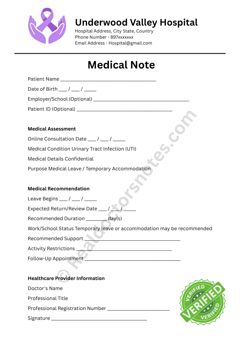 Medical Note for Urinary Tract Infection