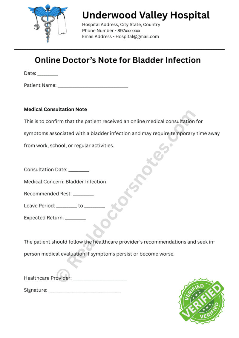 Online Doctor’s Note for Bladder Infection