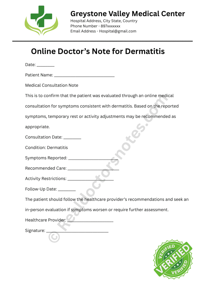 Online Doctor’s Note for Dermatitis