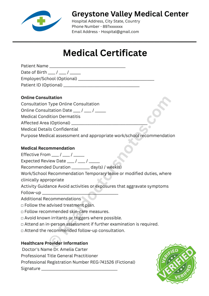 Online Medical Certificate for Dermatitis