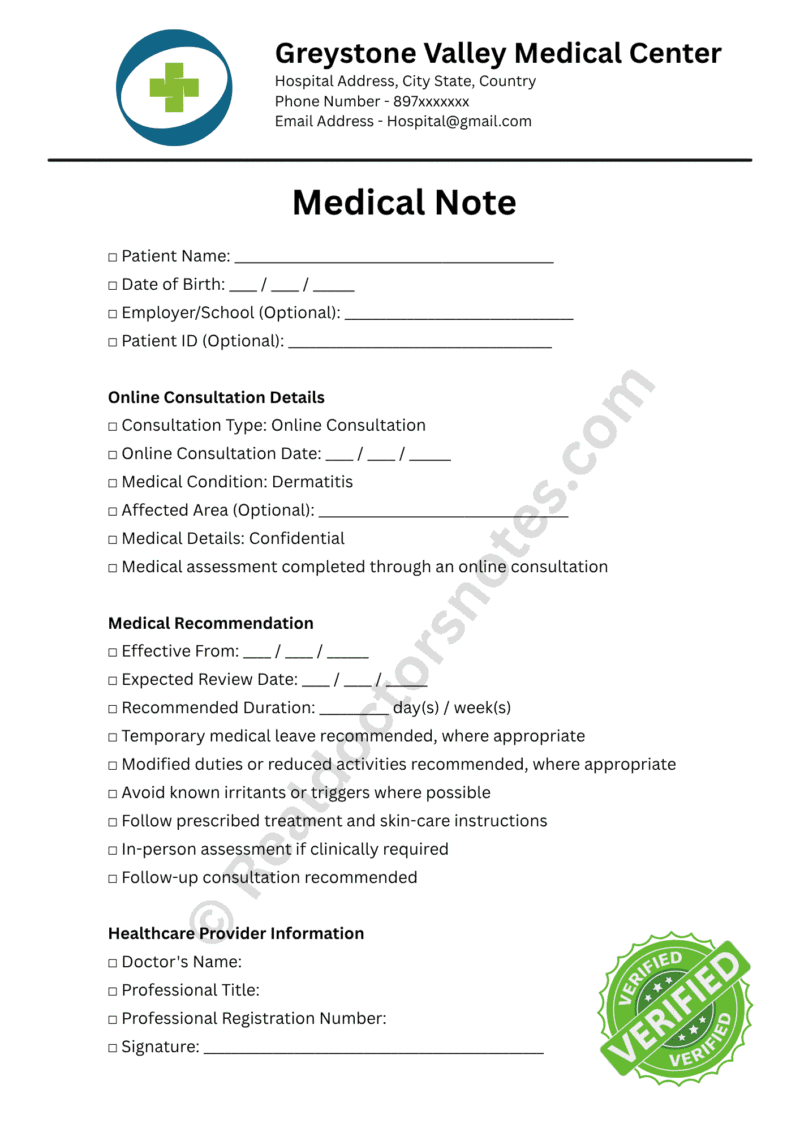 Online Medical Note for Dermatitis
