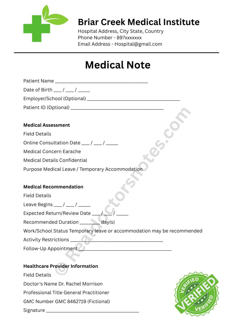 Online Medical Note for Earache