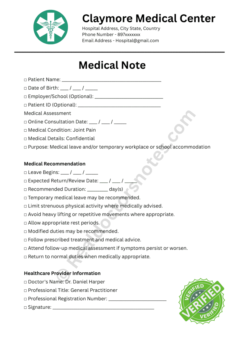 Online Medical Note for Joint Pain