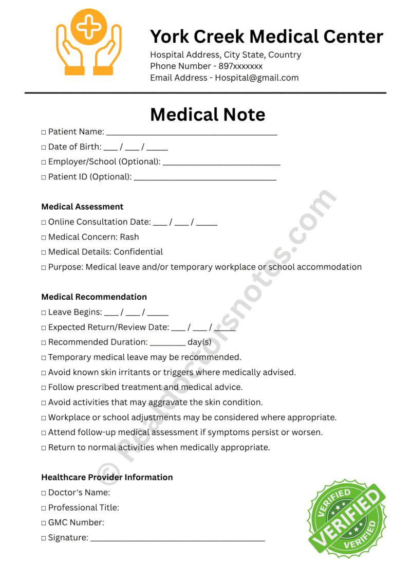 Online Medical Note for Rash
