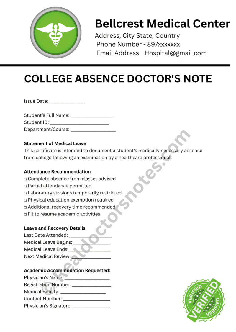College Absence Doctor's Note