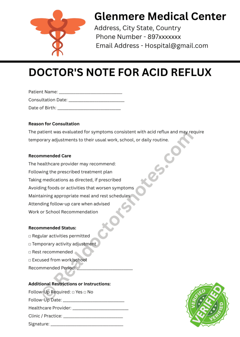Doctor's Note for Acid Reflux