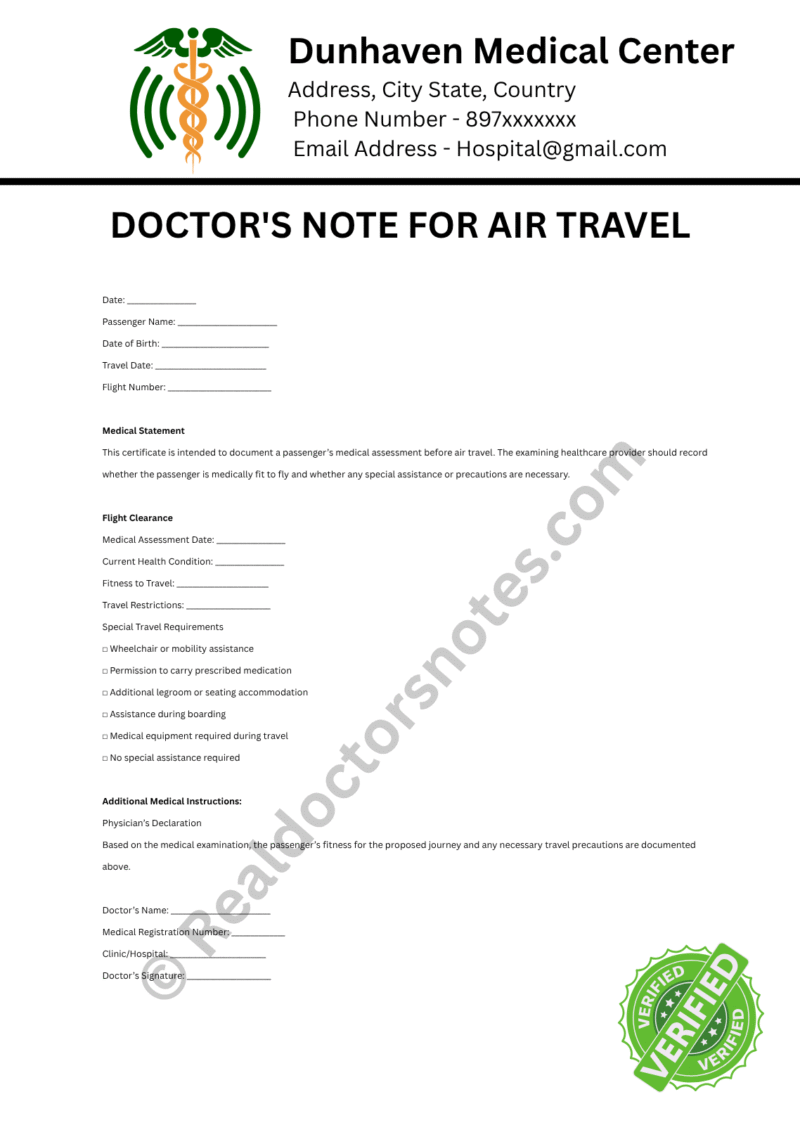 Doctor's Note for Air Travel