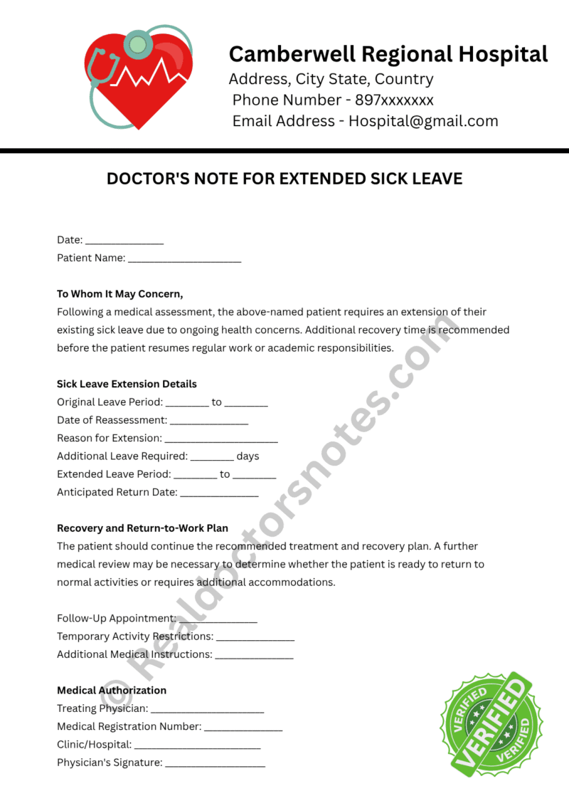 Doctor's Note for Extended Sick Leave