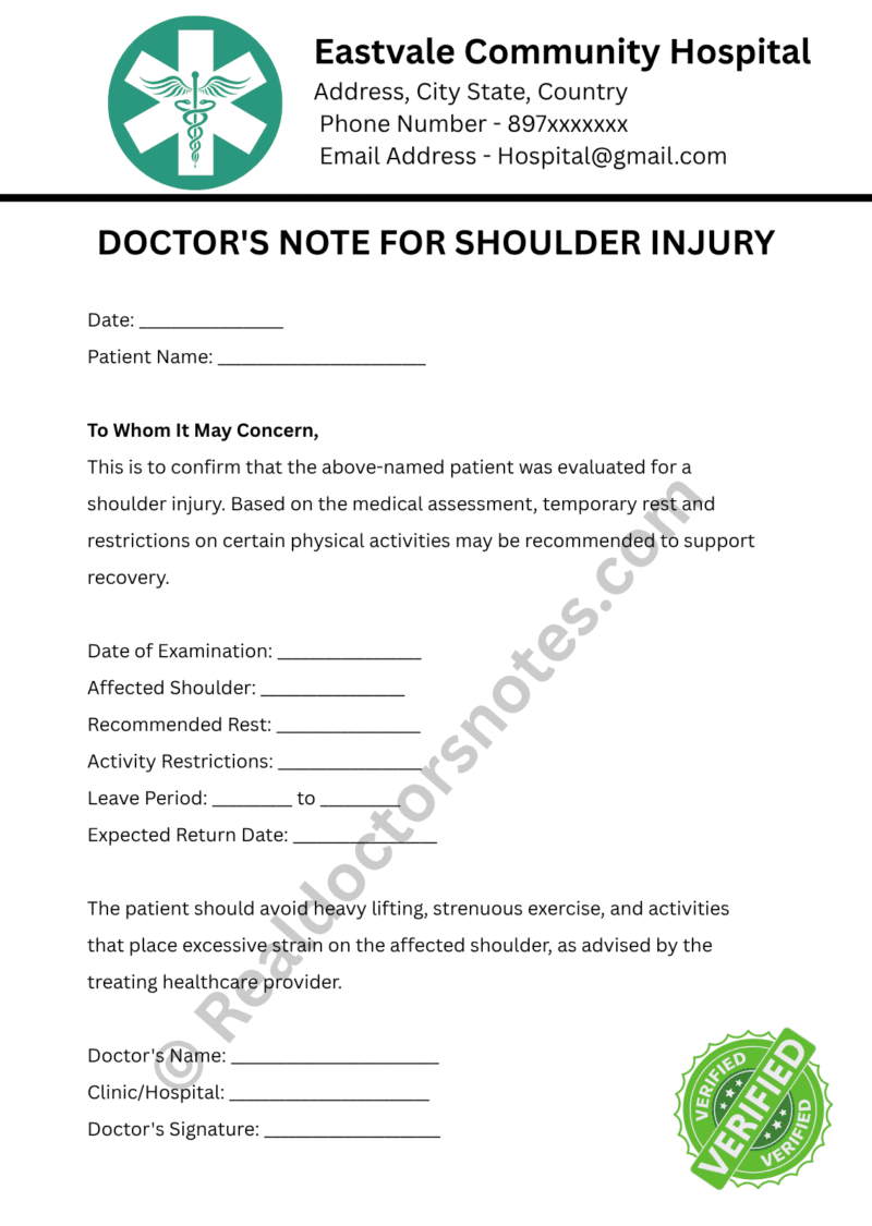 Doctor's Note for Shoulder Injury