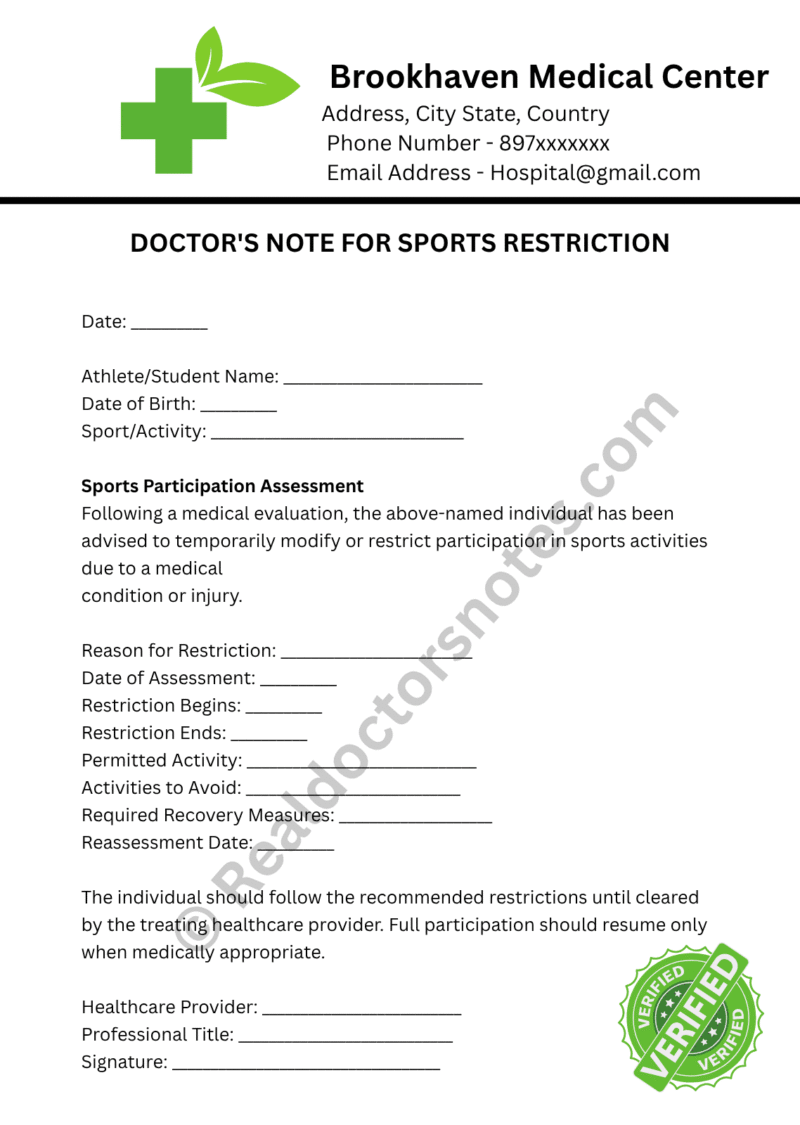 Doctor's Note for Sports Restriction