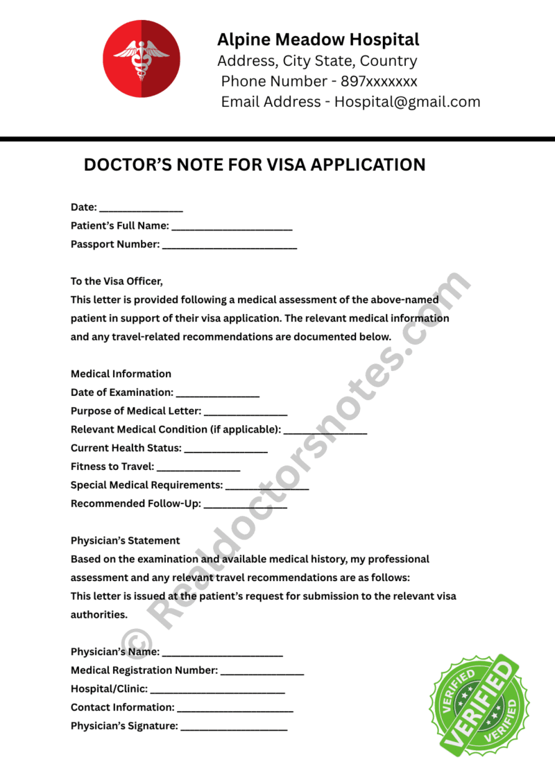 Doctor’s Note for Visa Application
