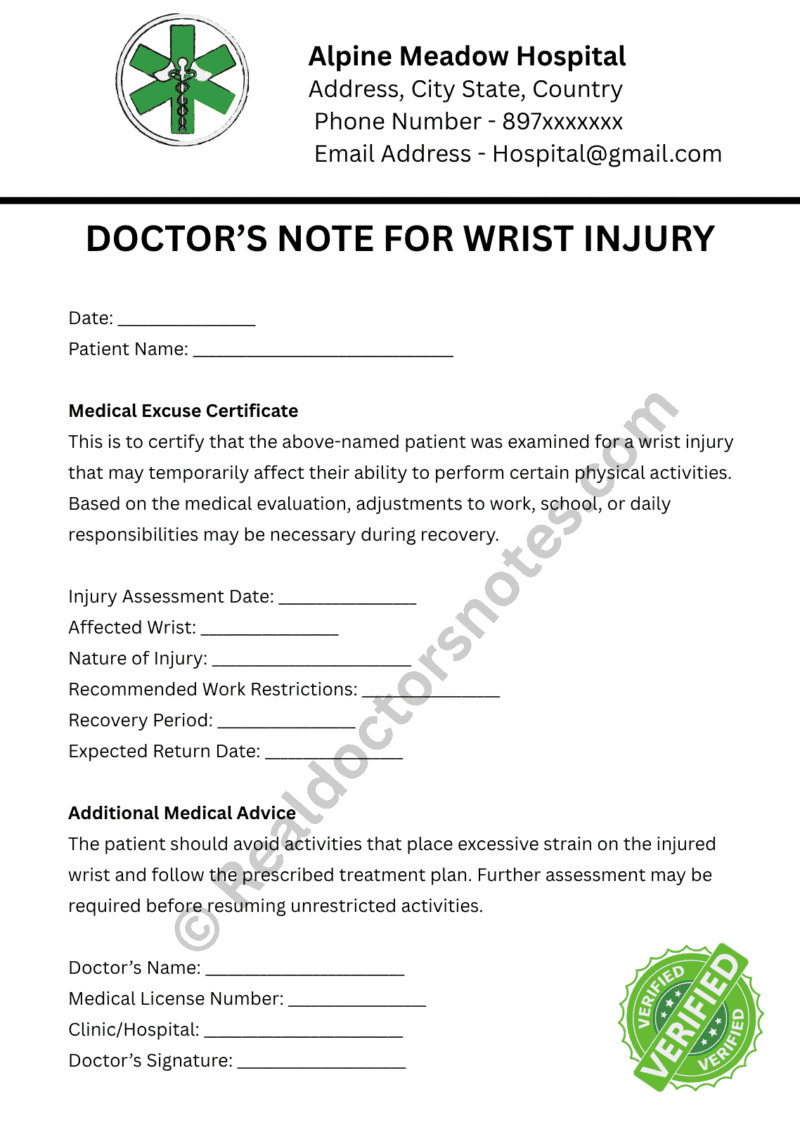 Doctor’s Note for Wrist Injury