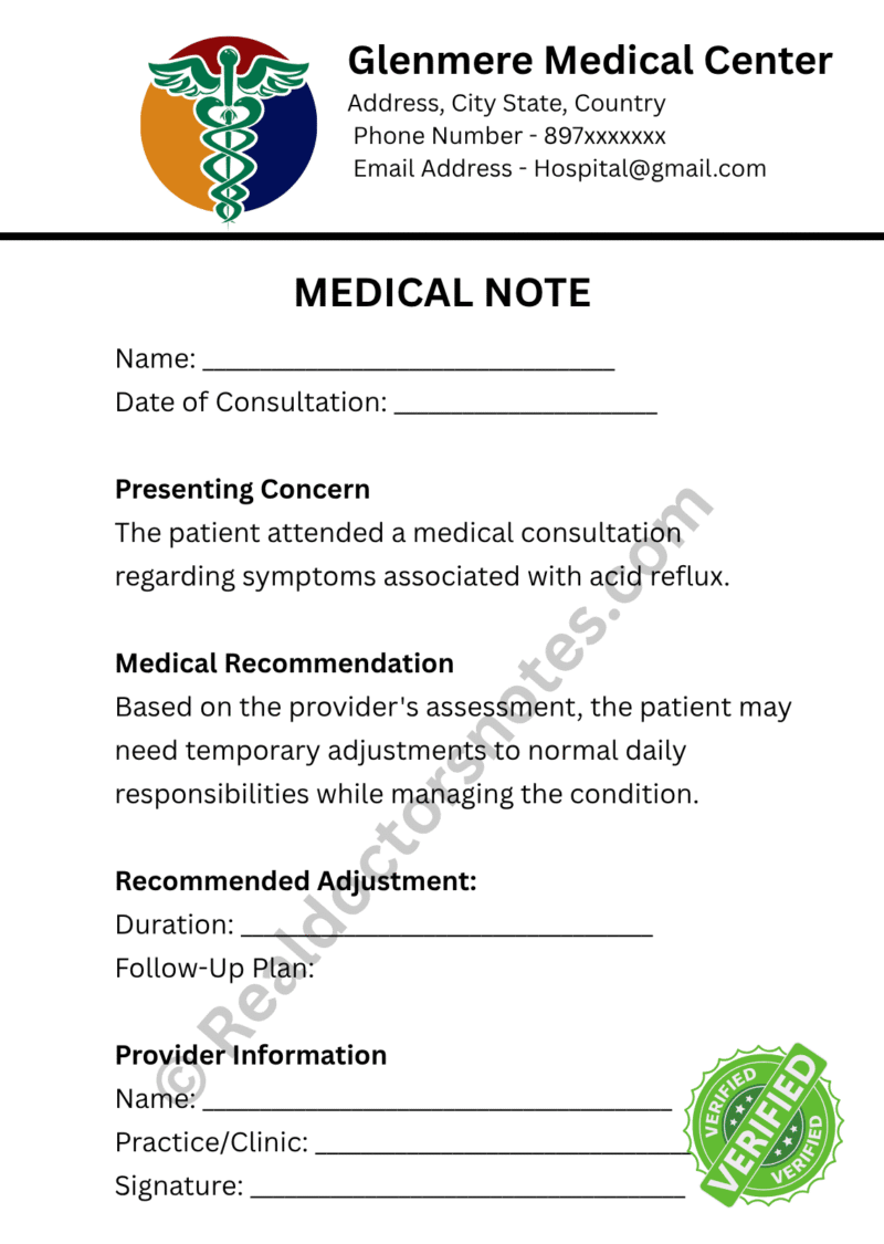MEDICAL NOTE for Acid Reflux