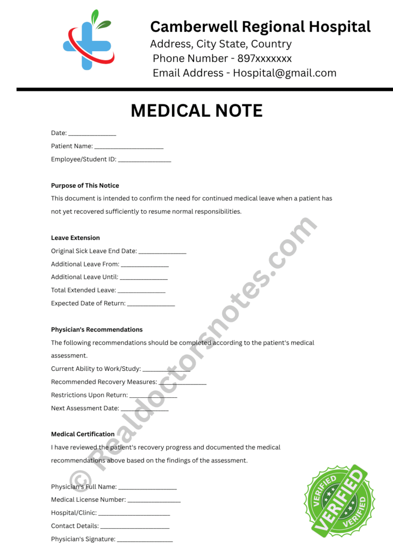 MEDICAL NOTE for Extended Sick Leave