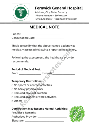 MEDICAL NOTE for Head Injury