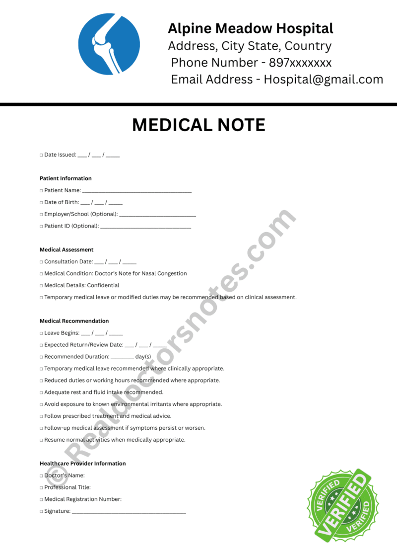 MEDICAL NOTE for Nasal Congestion MEDICAL NOTE for Nasal Congestion