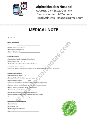 MEDICAL NOTE for Nausea