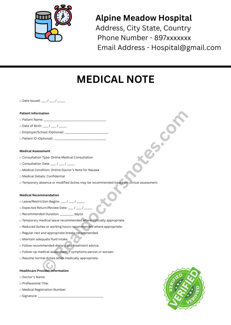MEDICAL NOTE for Nausea MEDICAL NOTE for Nausea