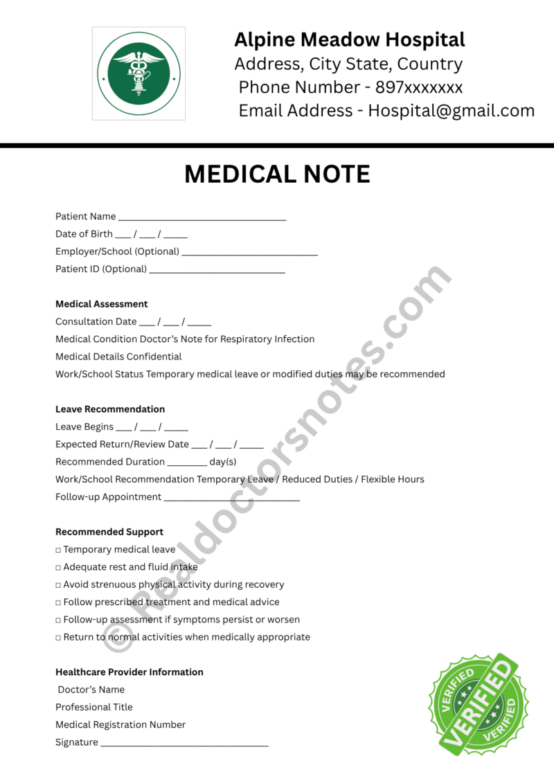 MEDICAL NOTE for Respiratory Infection