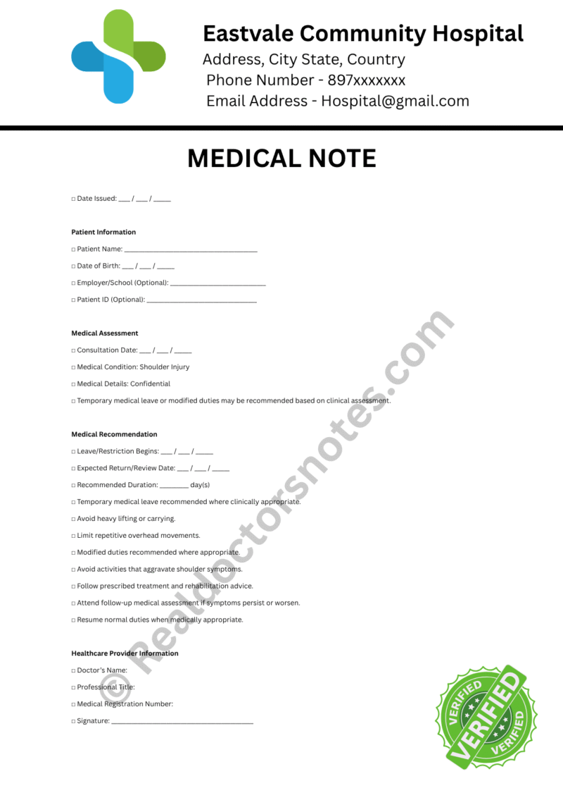 MEDICAL NOTE for Shoulder Injury