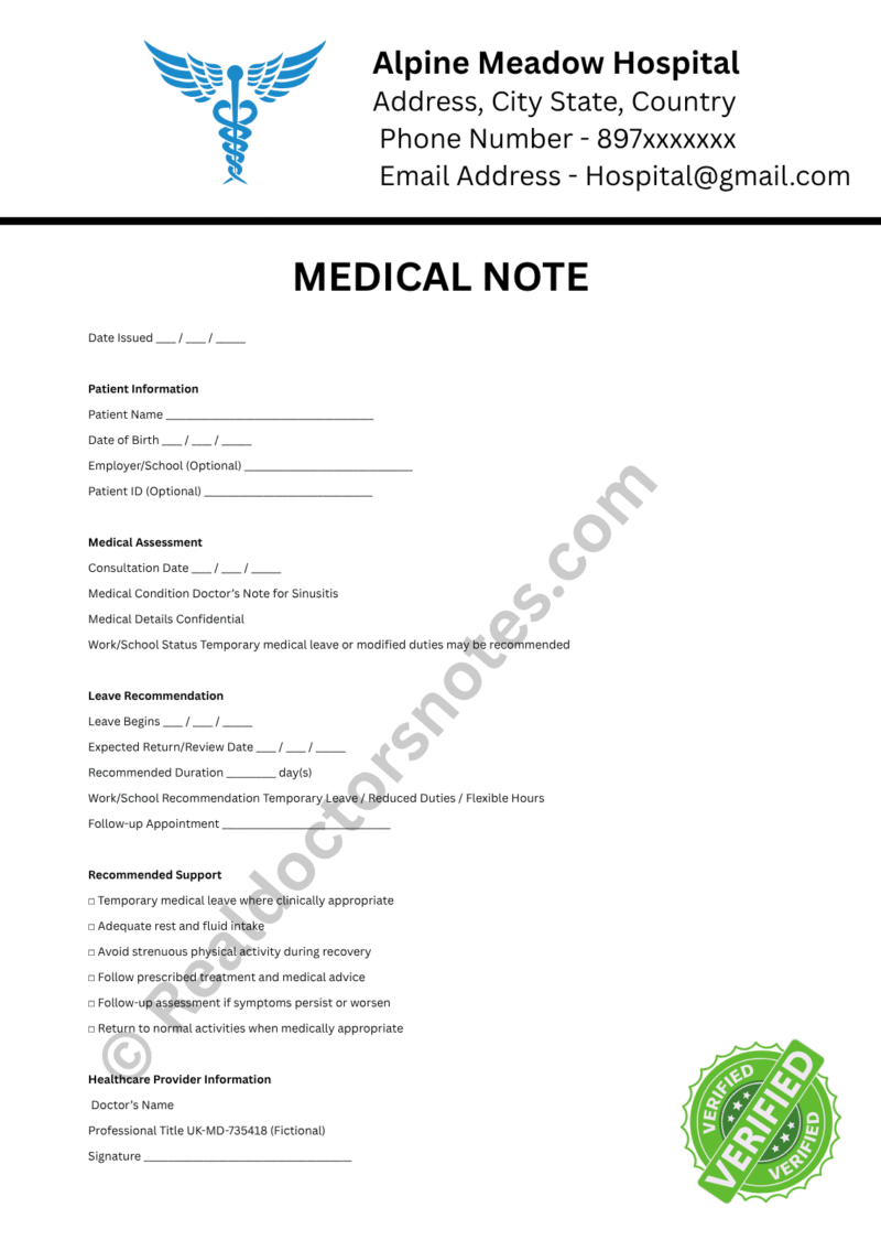 MEDICAL NOTE for Sinusitis