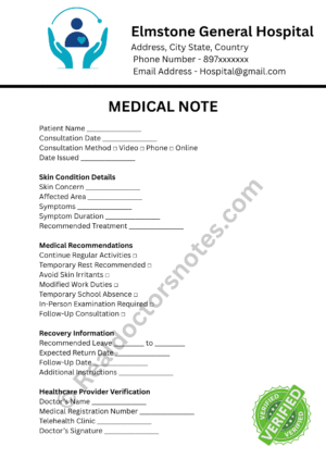 MEDICAL NOTE for Skin Problems