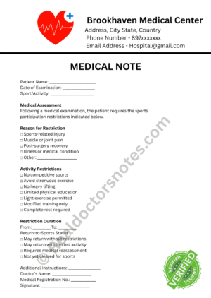 MEDICAL NOTE for Sports Restriction