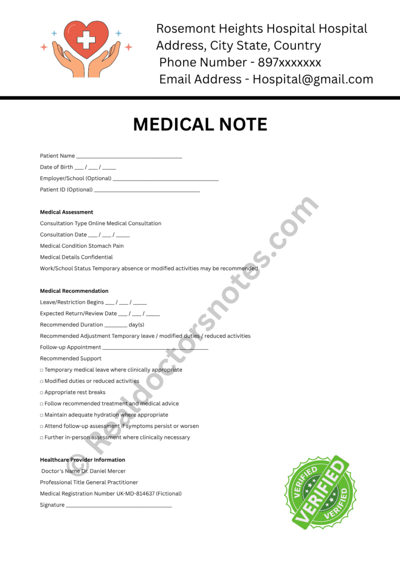 MEDICAL NOTE for Stomach Pain