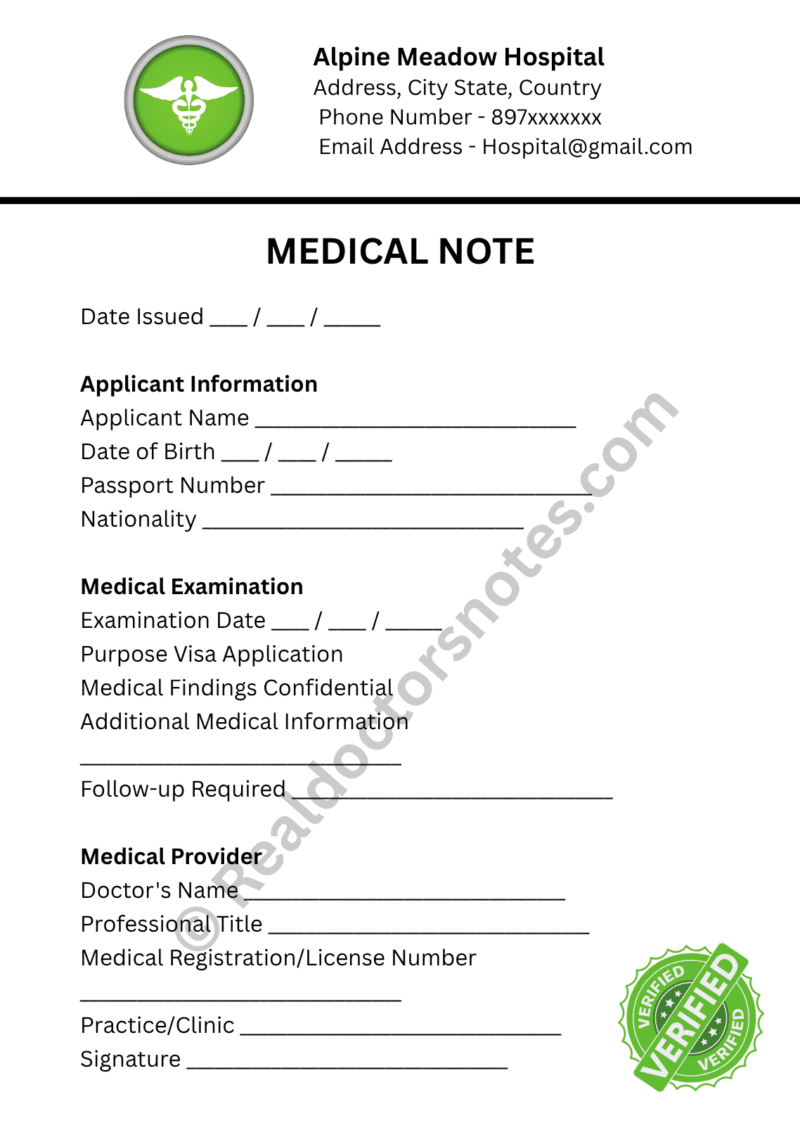 MEDICAL NOTE for Visa Application
