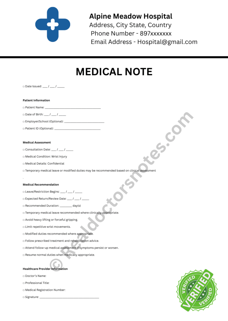 MEDICAL NOTE for Wrist Injury MEDICAL NOTE for Wrist Injury