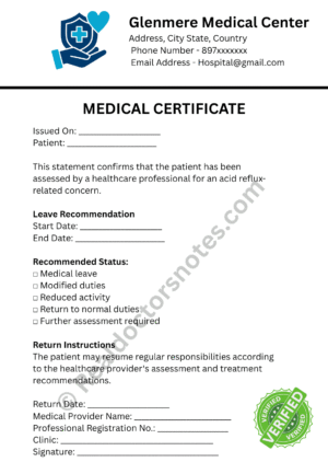 MEDICAL certificate for Acid Reflux