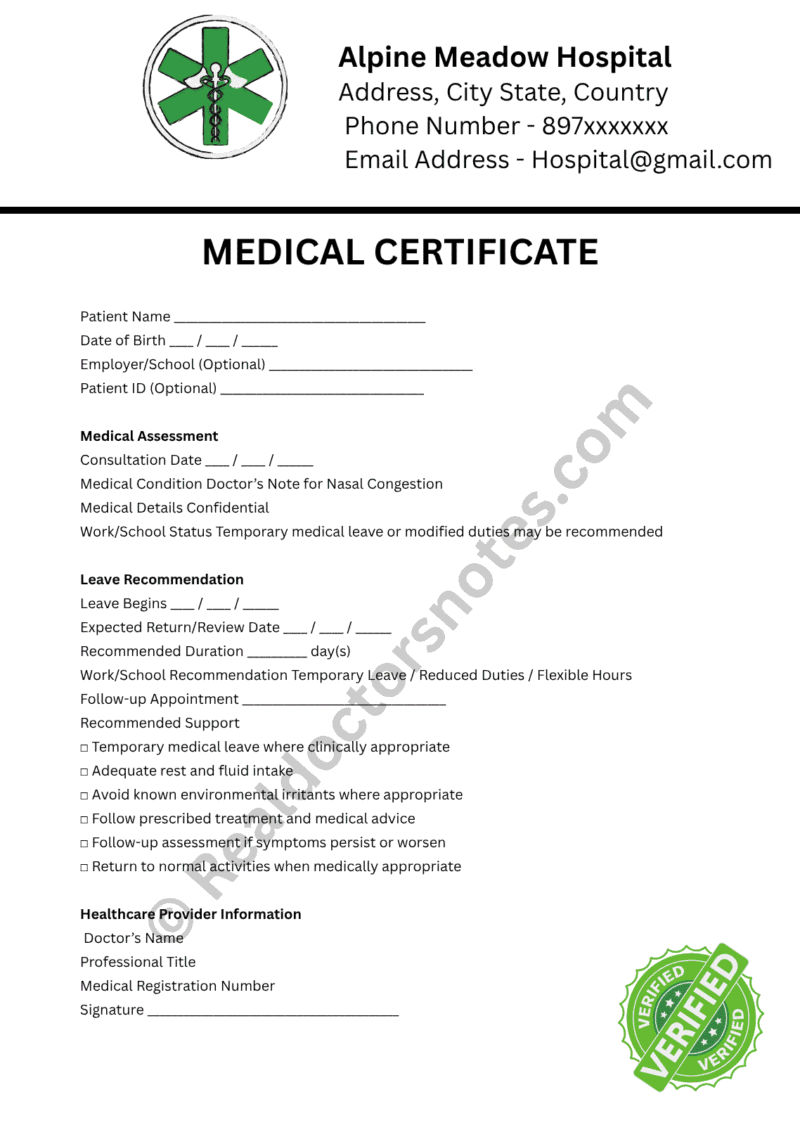MEDICAL certificate for Nasal Congestion
